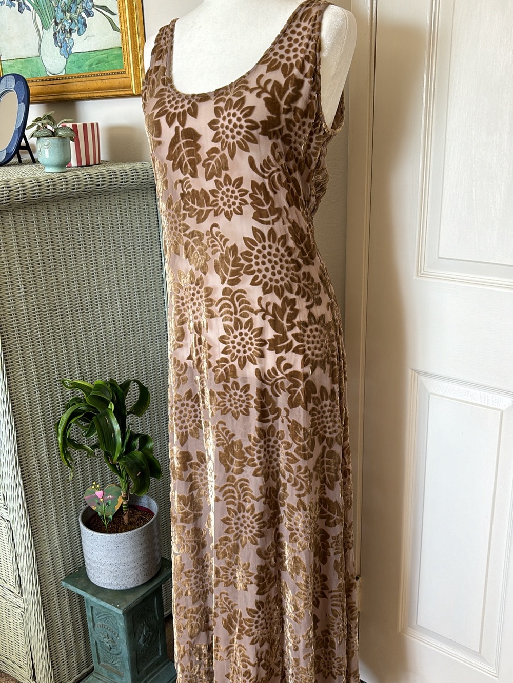Vintage Harari 100% silk Brown Floral Burnout Maxi slip Dress